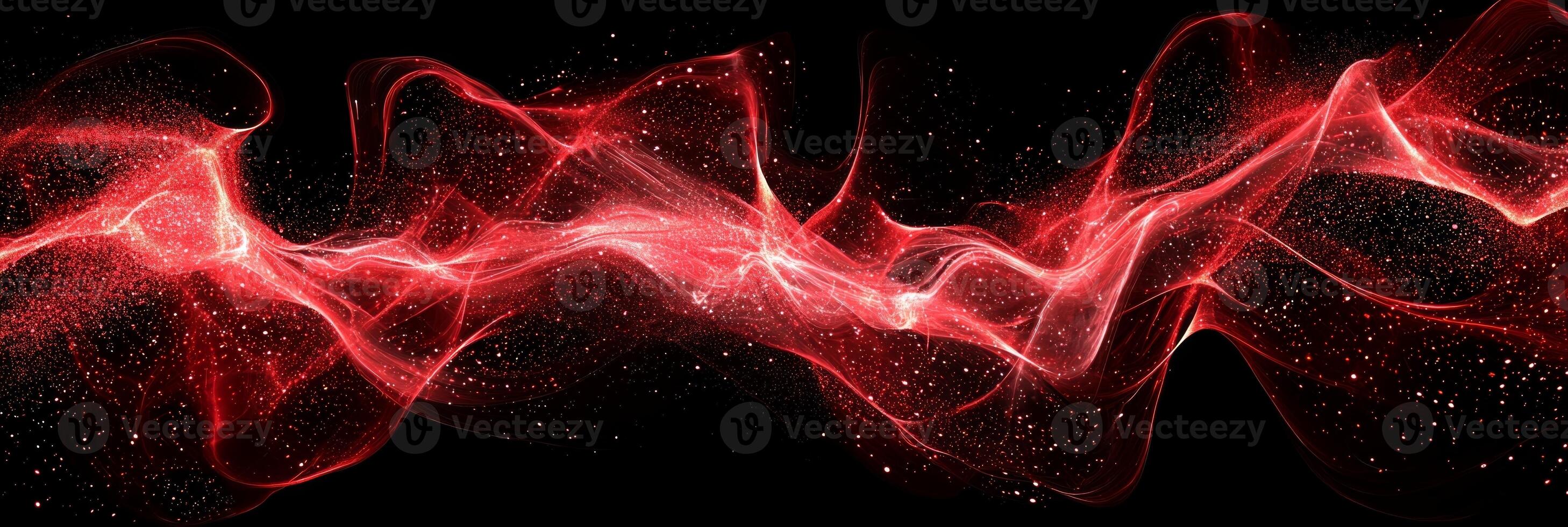 Witness a stunning burst of radiant red particles, glowing dust, and dynamic trails emanating from the center, creating an explosive wave of energy against a stark black background. photo