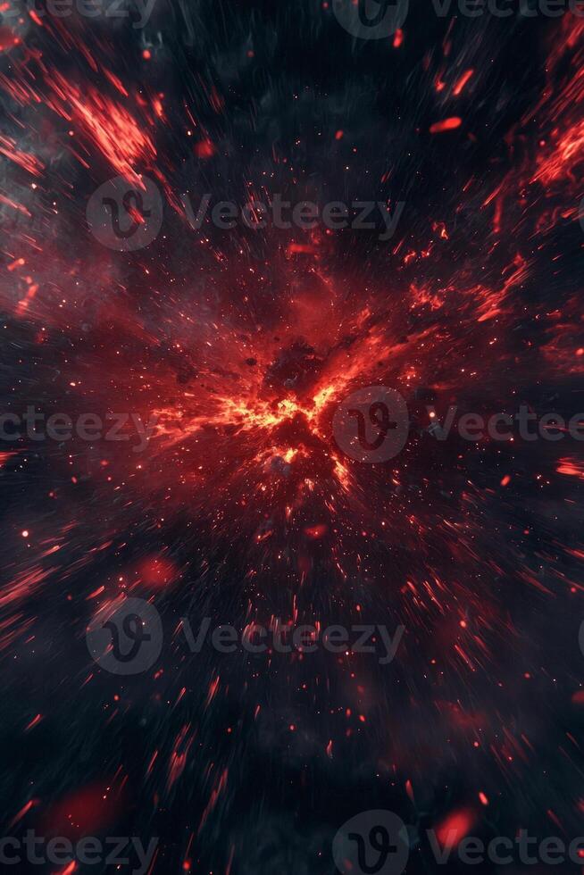 intense red explosion of particles radiates outward, illuminating the dark void surrounding it. The fiery energy creates a stunning cosmic display, suggesting a powerful eruption. photo