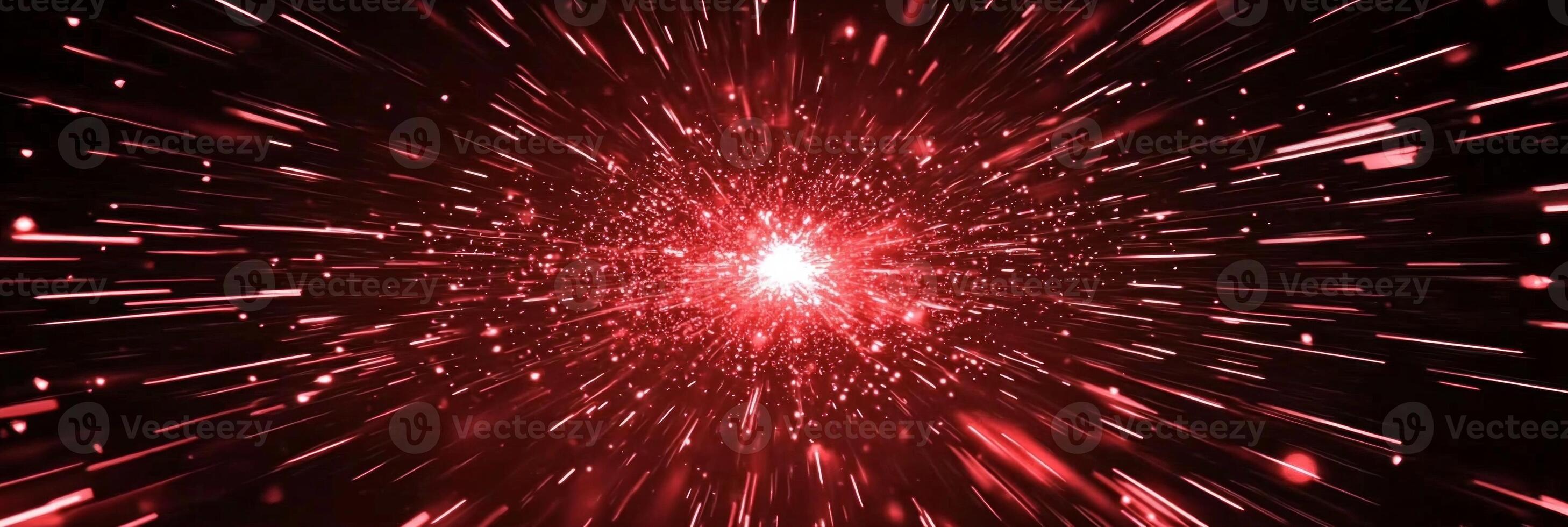 mesmerizing explosion of radiant red particles emanates from the center, dispersing energy and glowing trails into the vastness of space, creating an ethereal cosmic burst. photo