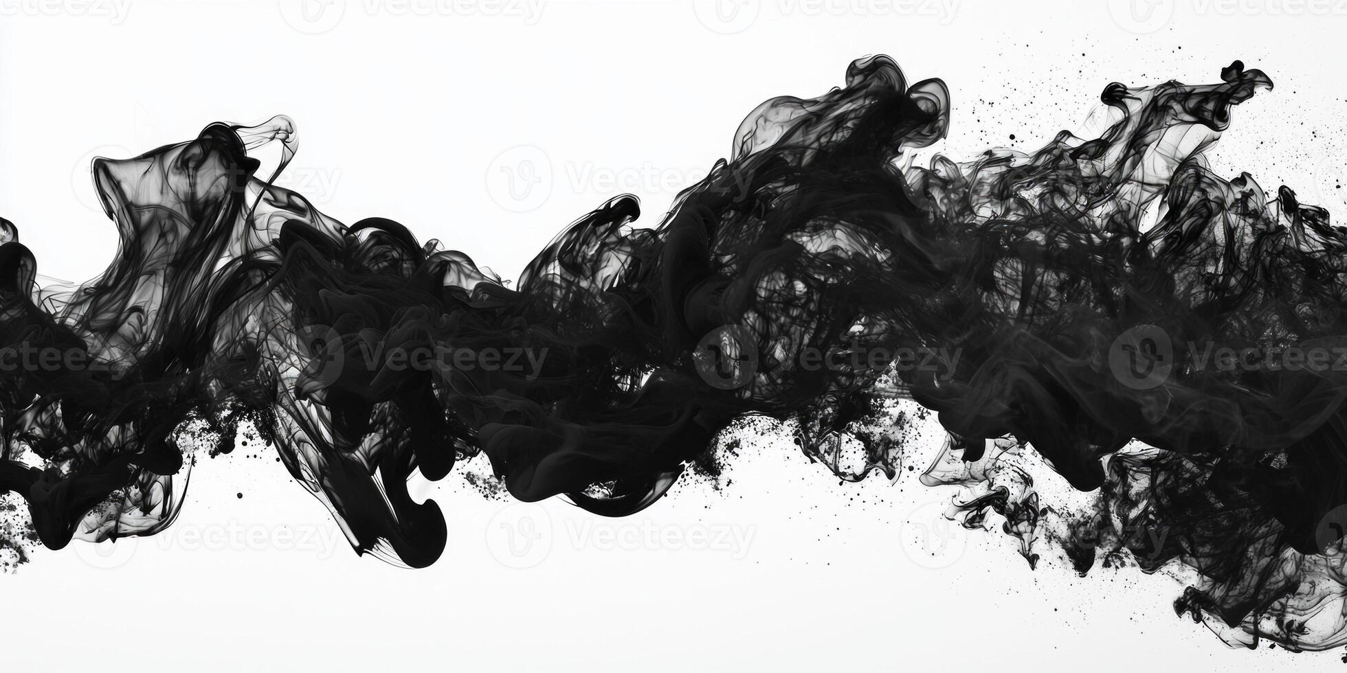 A swirling black smoke plume elegantly twists and expands upward, creating intricate shapes and textures against the stark white backdrop, inviting contemplation of form and movement. photo