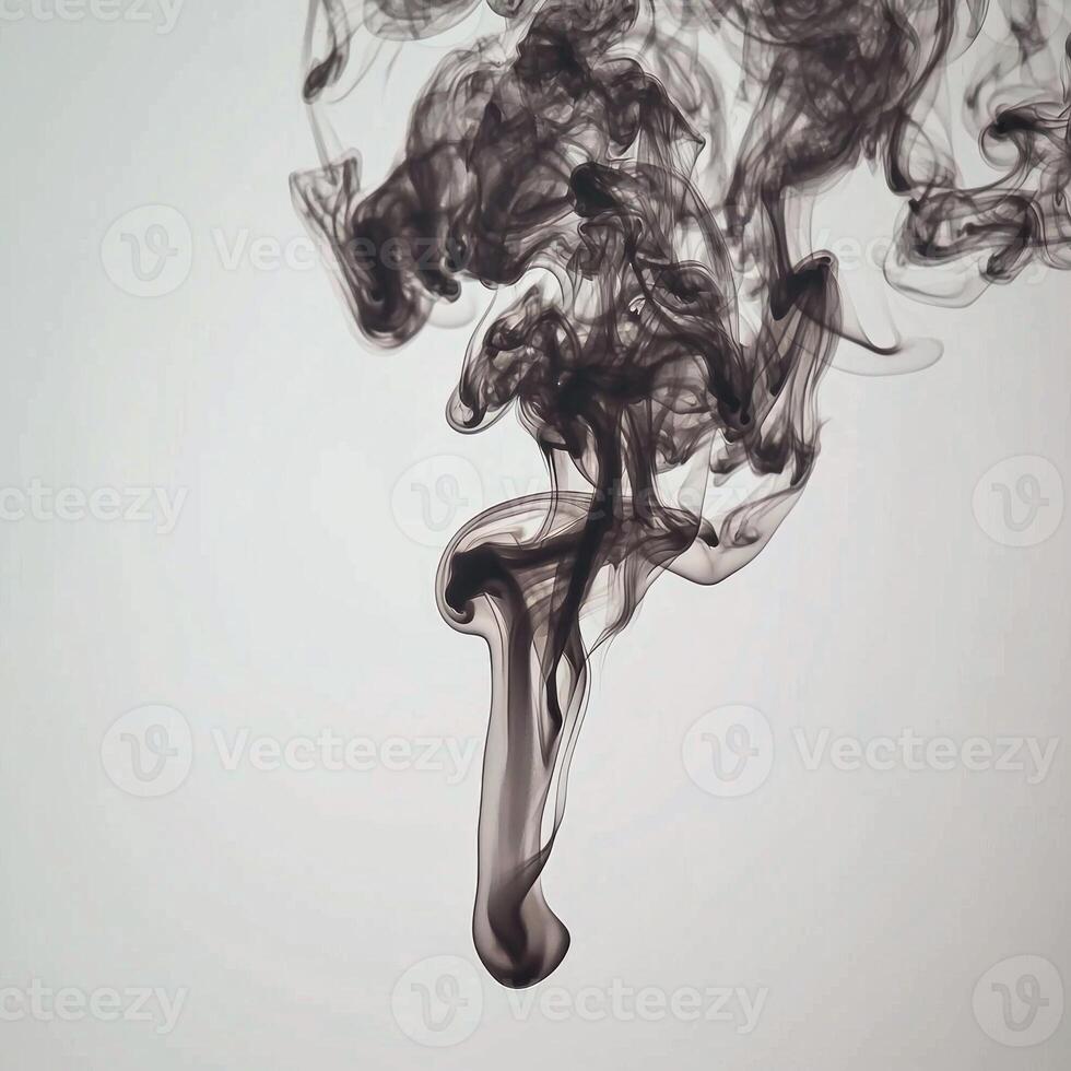 Tendrils of curling black smoke ascend from the bottom, creating an exquisite contrast against a clean white backdrop, with intricate details and fading edges. photo