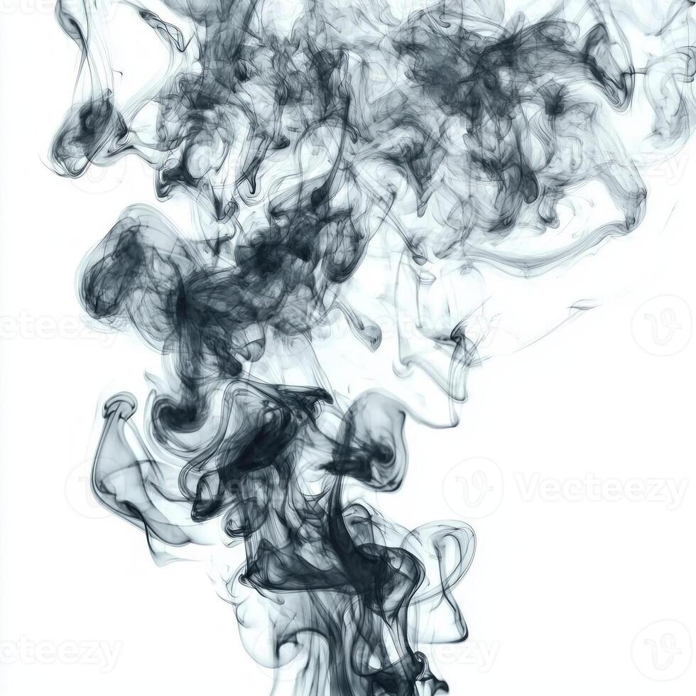 A mesmerizing display of black smoke ascends softly, weaving intricate patterns against a stark white background, creating a captivating and ethereal effect. photo