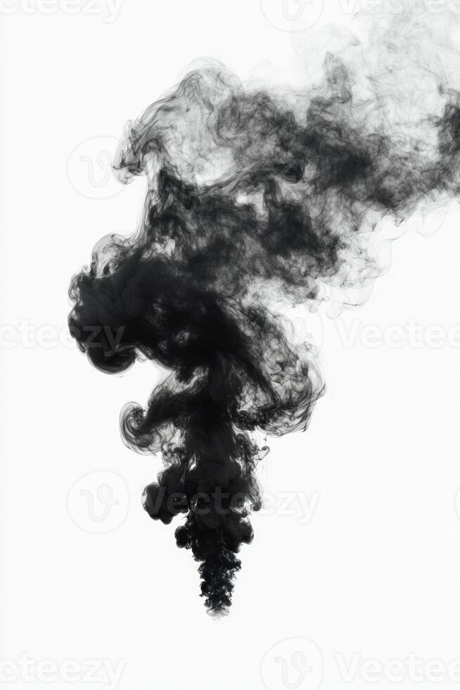 A mesmerizing display of black smoke dances in soft, ethereal layers on a white background, forming swirling patterns that evoke depth and mystery. photo