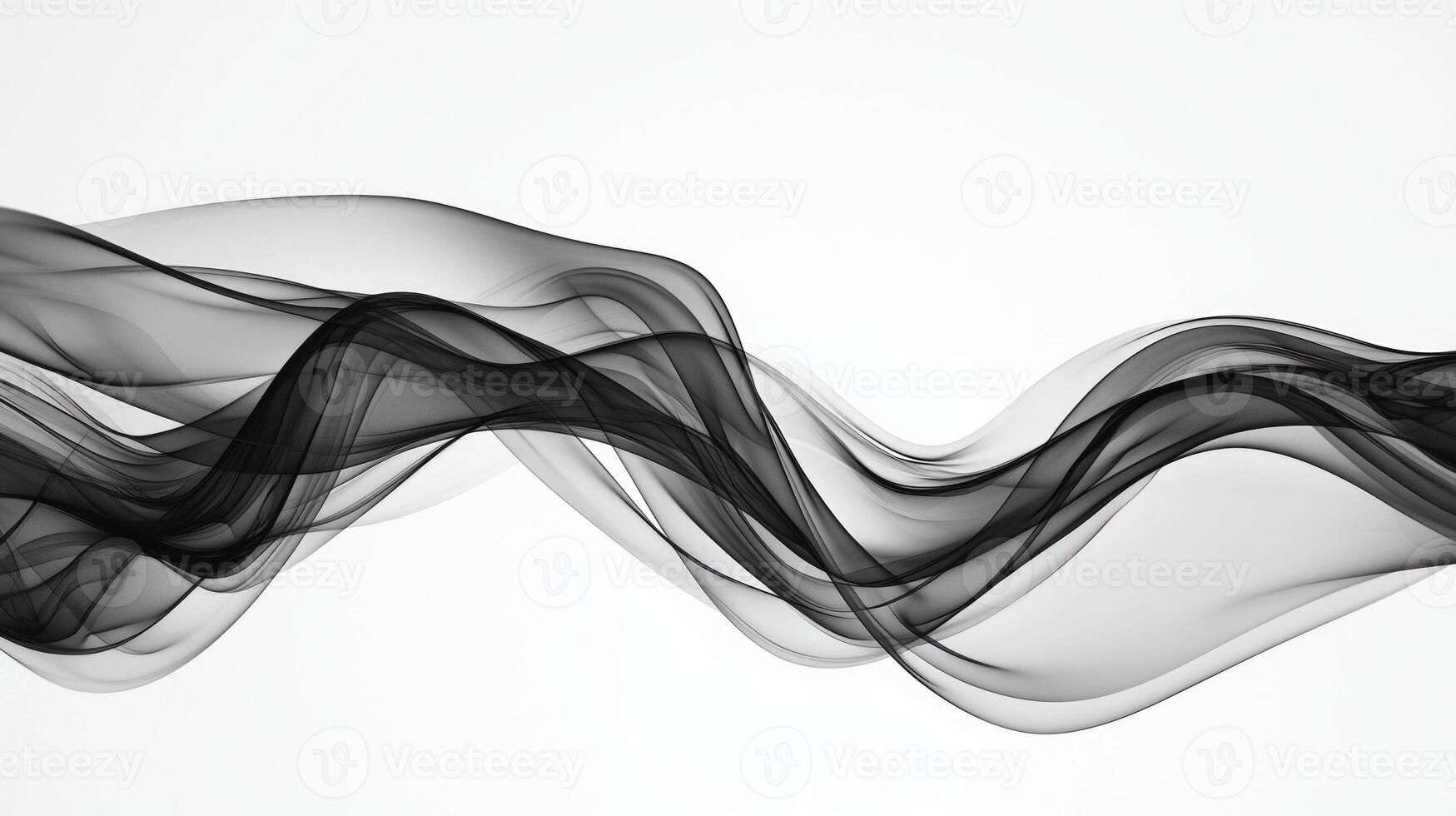 A striking black smoke plume curls and twists in an elegant serpentine shape, displaying a range of textures and fine details against a clean white backdrop. photo