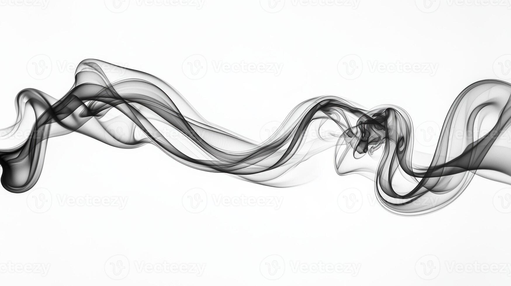 A swirling black smoke plume twists and rises gracefully, showcasing varying thickness and texture against a stark white background, creating an artistic visual impact. photo