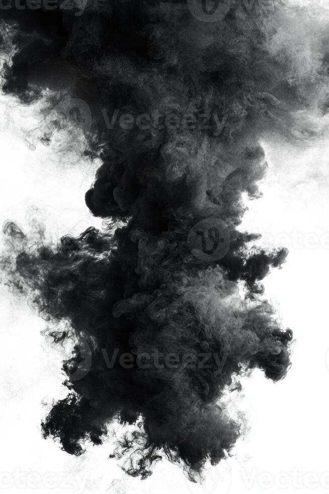 Ethereal black smoke elegantly disperses in soft, layered clouds against a stark white backdrop, forming captivating, swirling patterns that evoke a sense of mystery and beauty. photo
