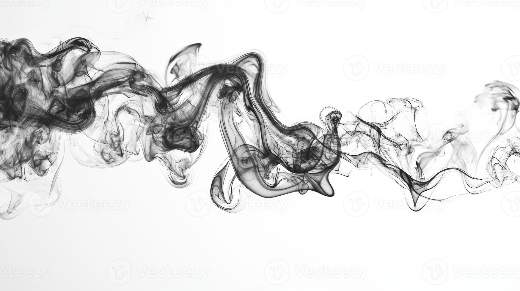 Dark, curling tendrils of smoke gently ascend and swirl, creating an ethereal contrast against the bright white background. The soft textures and fading grays enhance the visual effect. photo