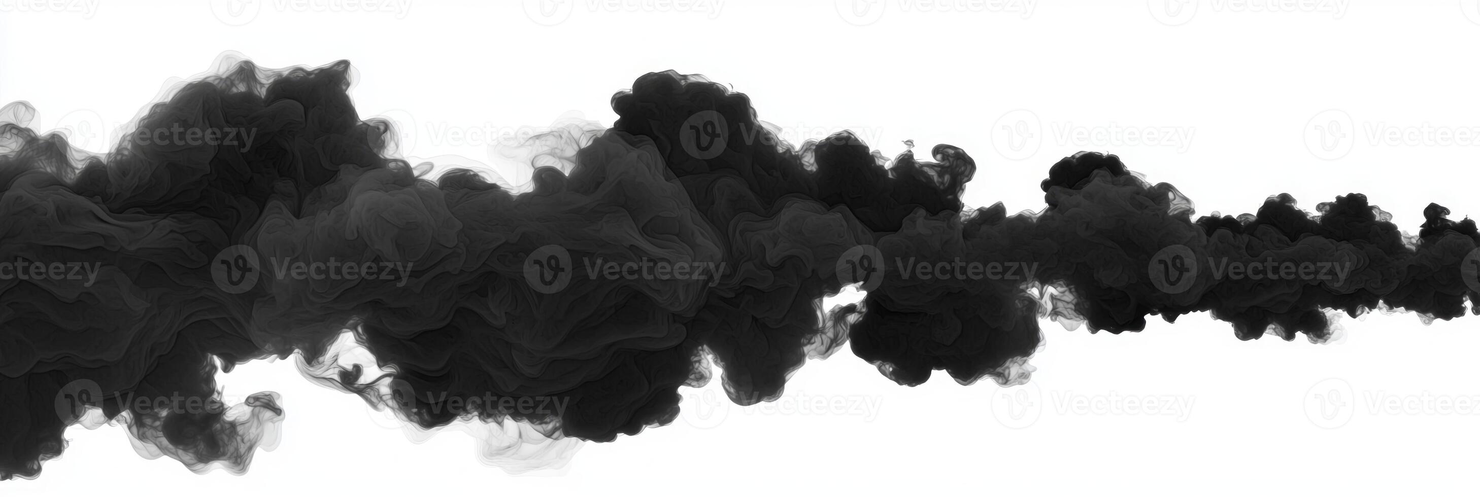 Swirling and layered, black smoke clouds ascend into the air with intricate textures, contrasting strikingly against a bright white background, evoking a sense of movement and depth. photo