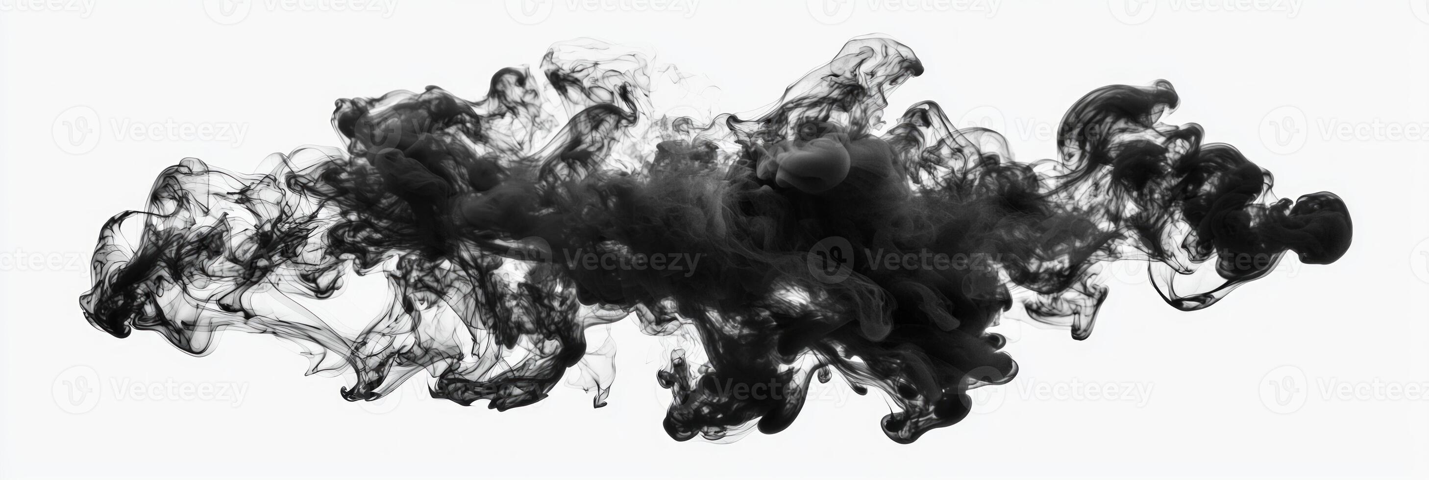 Billowing clouds of black smoke twist and turn, creating complex shapes as they rise into the air against a bright white background, evoking a sense of movement and drama. photo