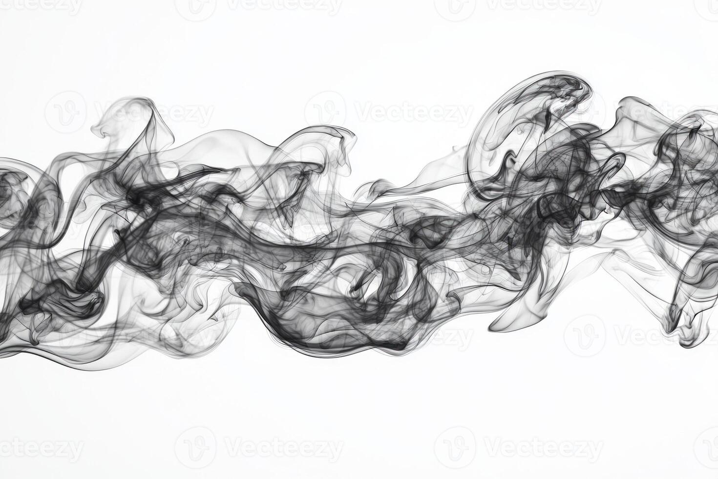Dark, thick smoke spreads horizontally, featuring defined edges and a delicate transparency that evokes a sense of movement and artistry against a stark white backdrop. photo