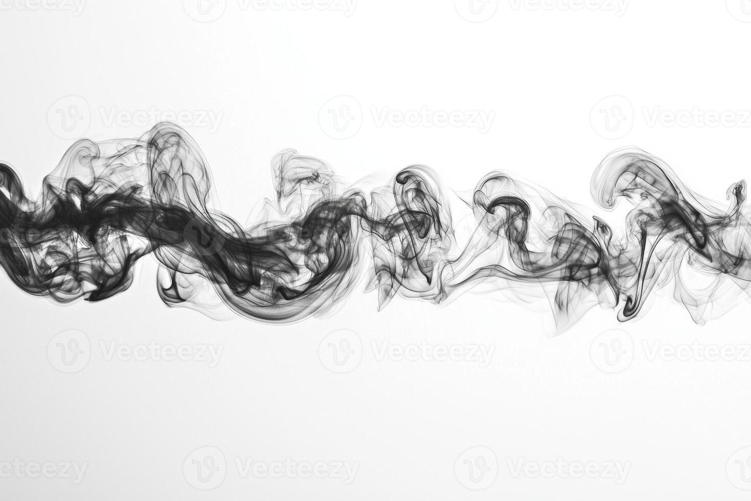 Dark, thick smoke billows horizontally, exhibiting defined edges and subtle transparency while gracefully weaving across a bright white backdrop, creating an abstract appearance. photo