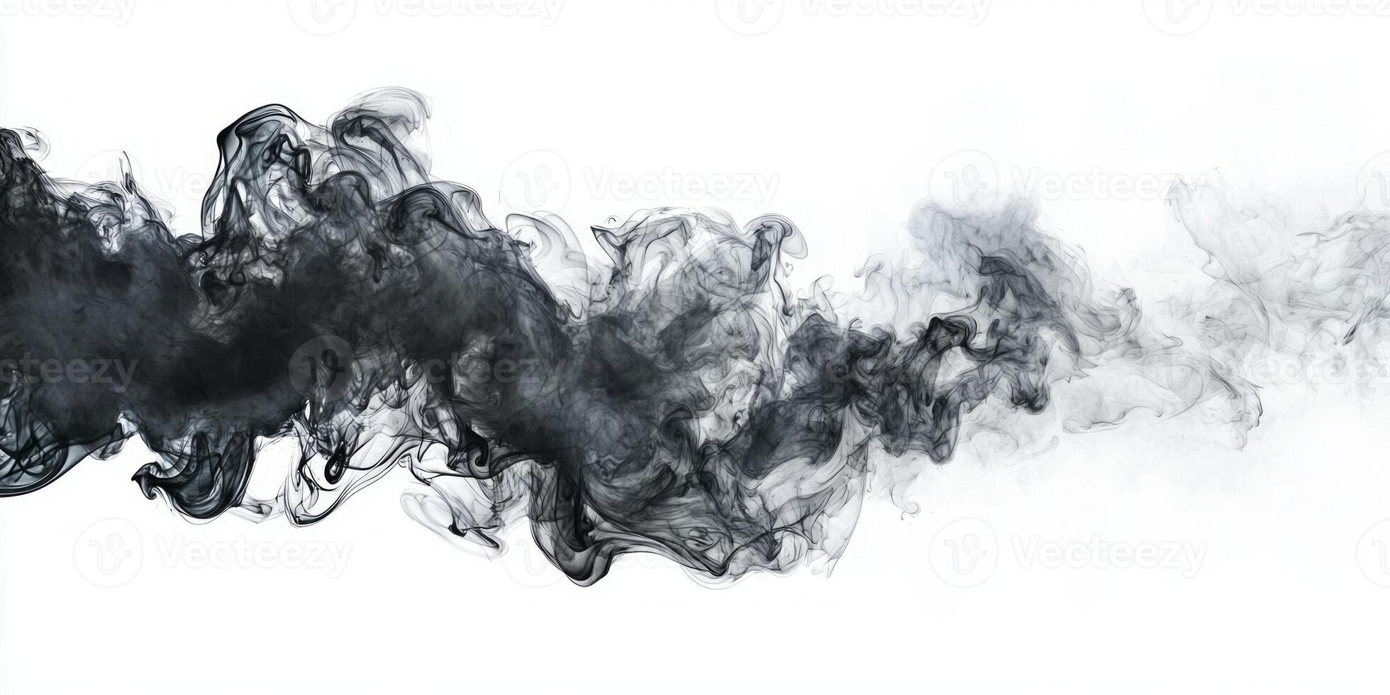 Black smoke elegantly twists and turns, creating intricate layers that blend softly into a white background. The swirling patterns evoke a sense of fluid motion and depth. photo
