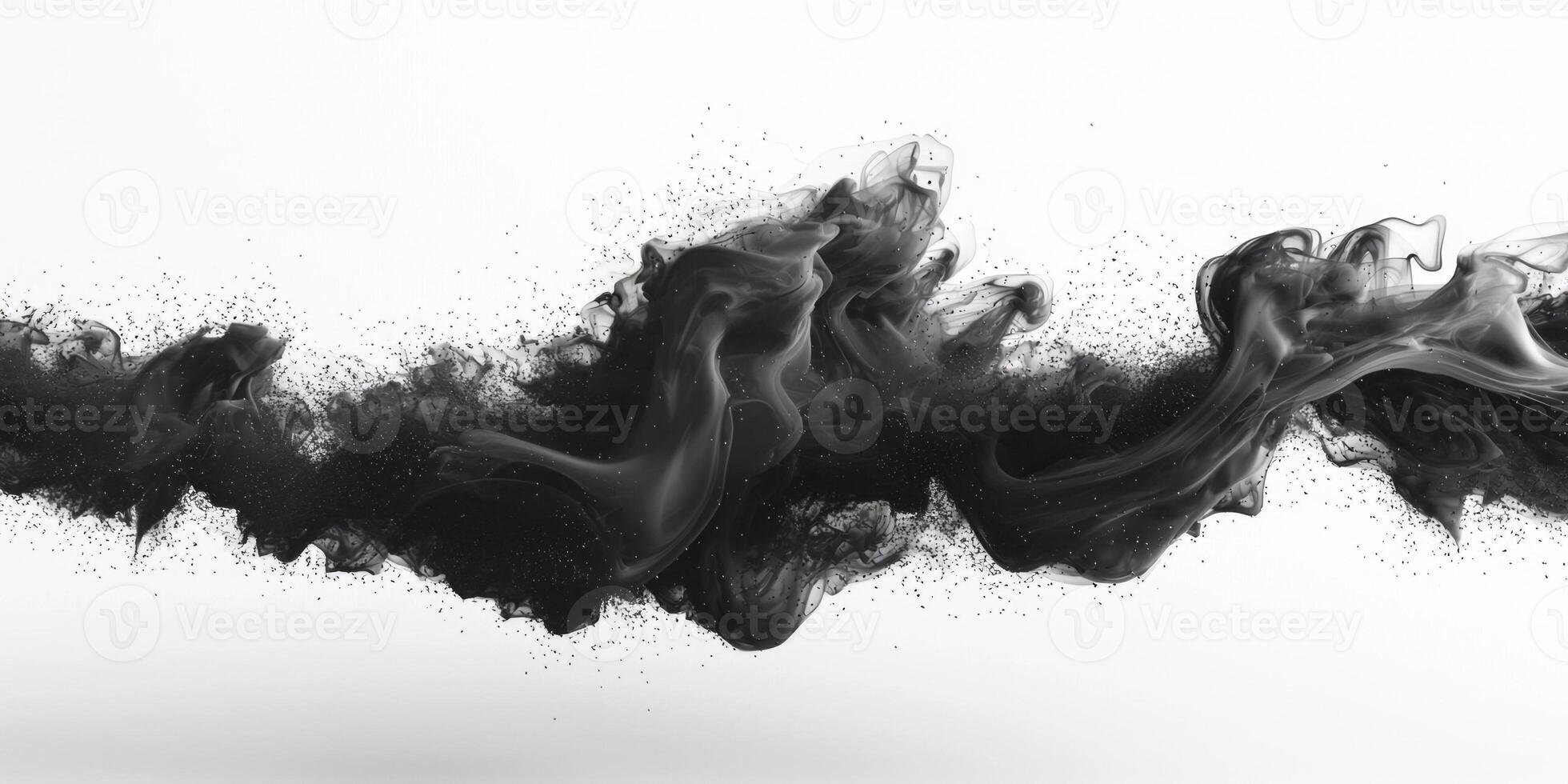 Black smoke billows and swirls in a mesmerizing dance, expanding outward with intricate layers that blend softly into a white background, creating an ethereal effect of movement and depth. photo