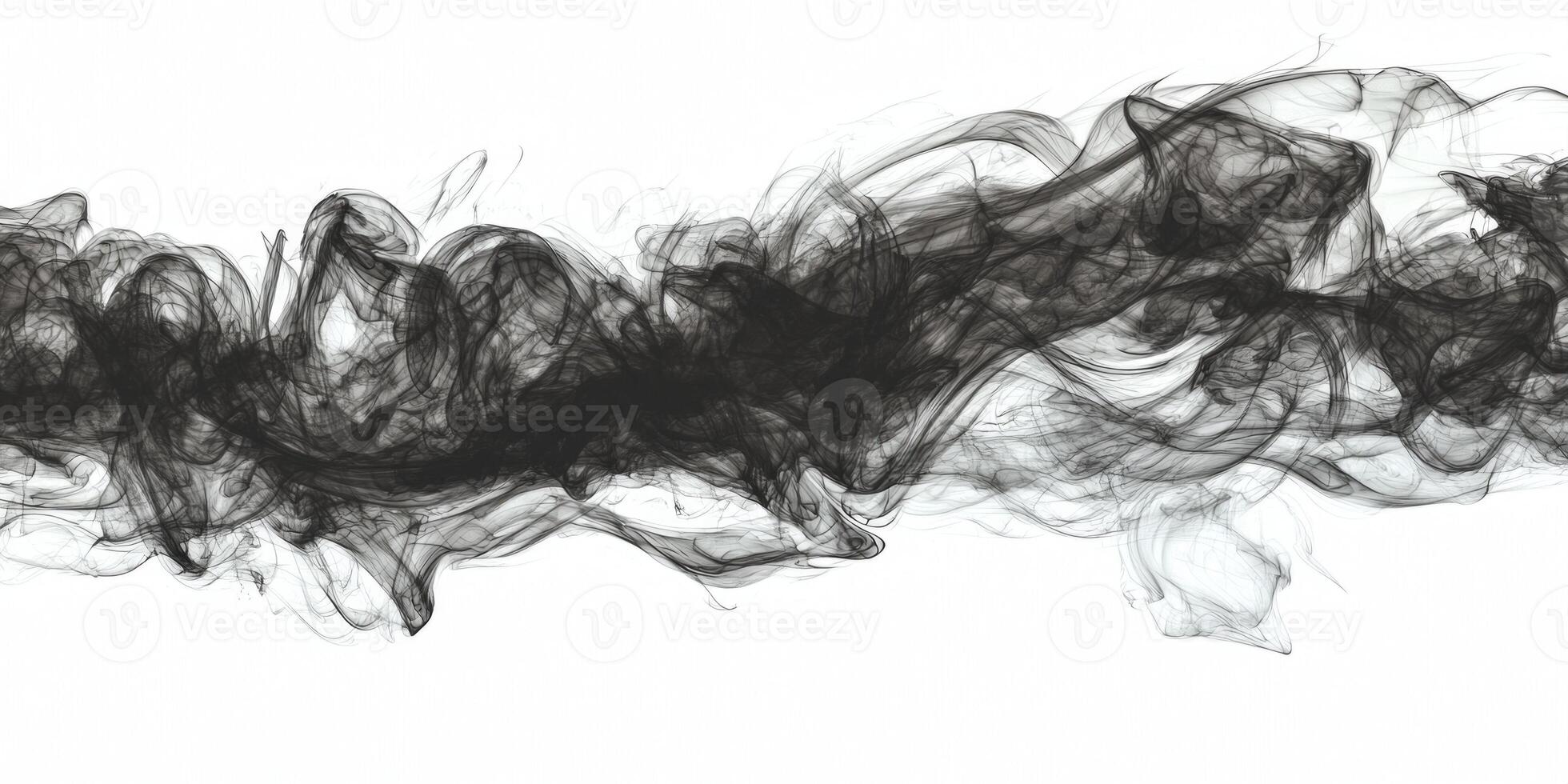 Dark, swirling smoke gracefully billows outward, showcasing intricate patterns and soft edges as it blends into a stark white backdrop, creating an ethereal and captivating display photo