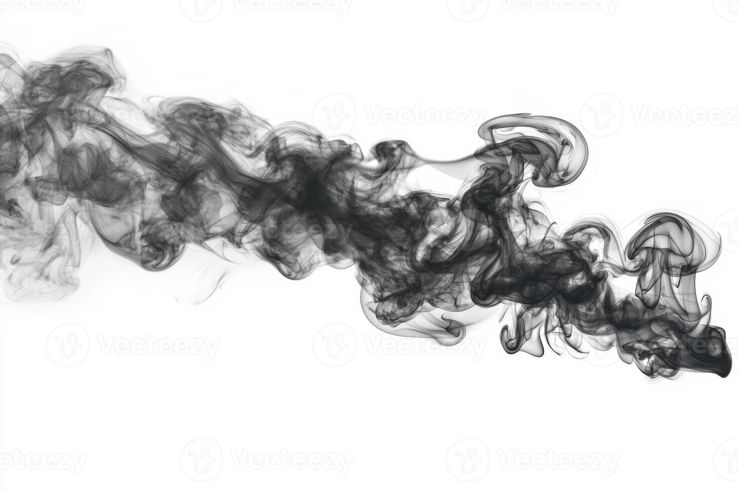 Thick, black smoke ascends in mesmerizing swirls, dancing gracefully against a pristine white background. The soft edges and varying opacity create an atmosphere of intrigue and depth photo