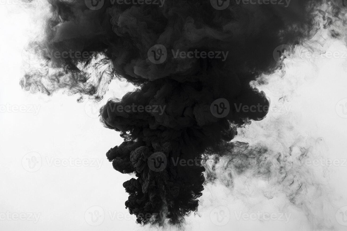 Thick black smoke erupts upward, transforming into dense clouds that shift into delicate trails, all set against a clean white backdrop, evoking a sense of dynamic energy and intrigue photo