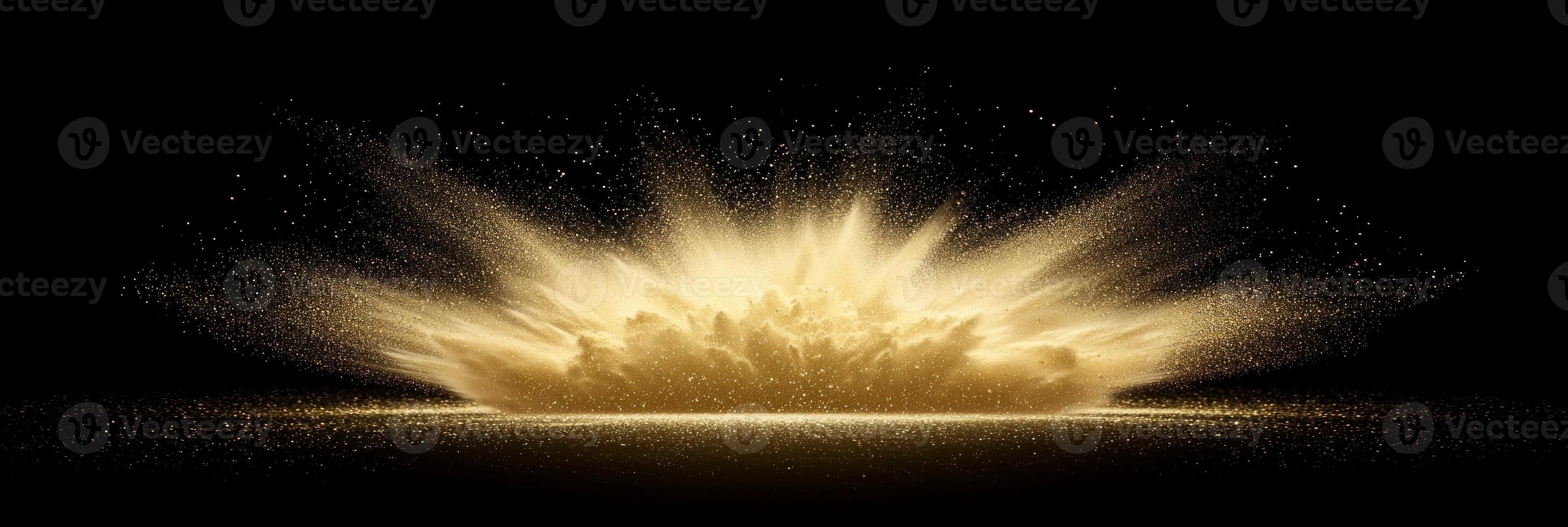 explosion of golden dust creates a mesmerizing display, as radiant particles burst forth and cascade against a dark background, evoking cosmic wonder. photo