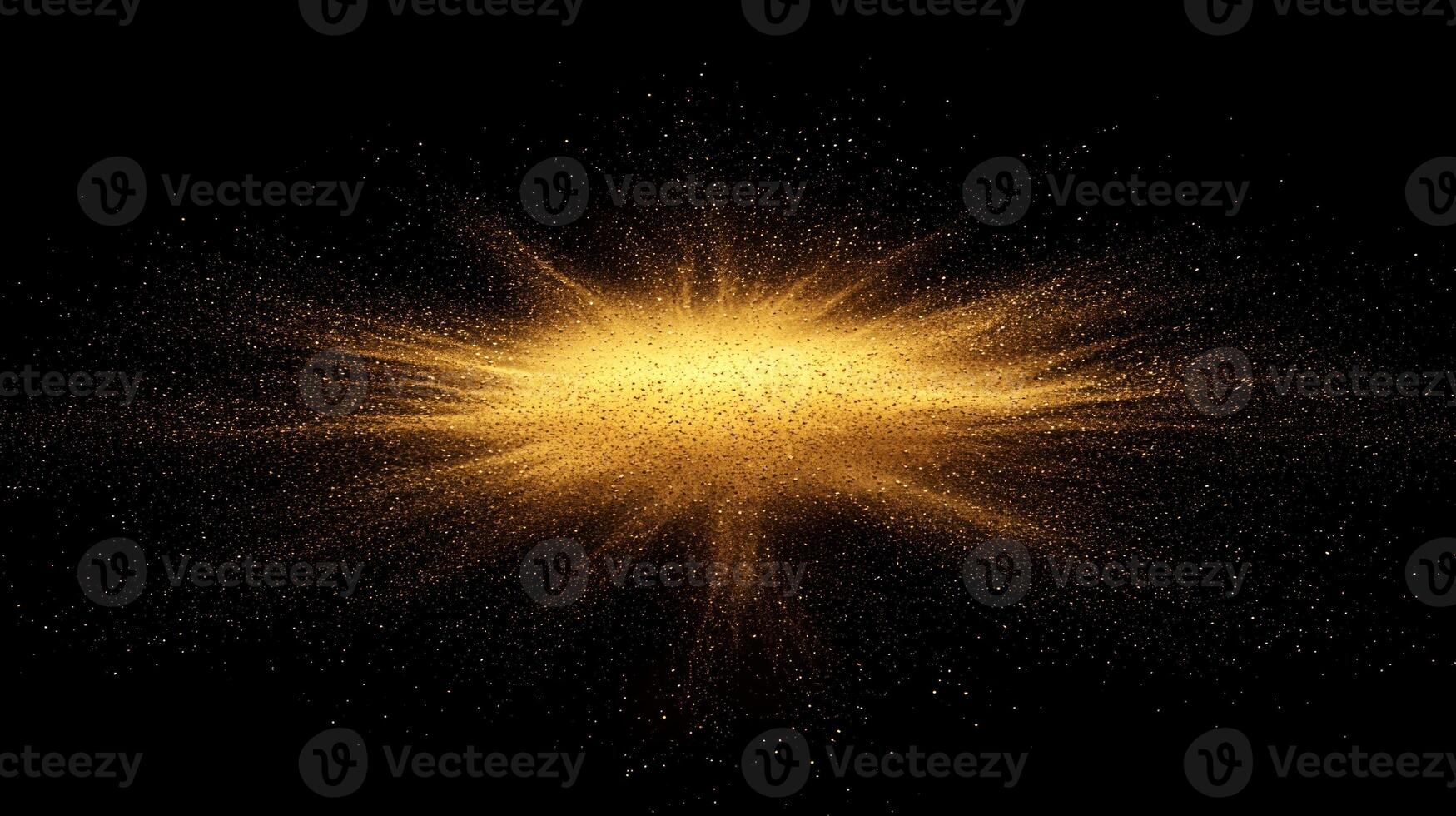 Golden particles erupt in a dazzling explosion, radiating outward with shimmering edges, illuminating the dark backdrop in a stunning cosmic display of energy and light. photo
