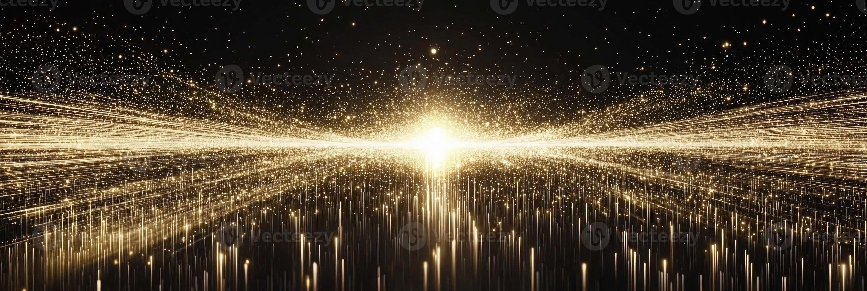 mesmerizing burst of golden dust erupts, igniting a shimmering wave of energy that spreads across a dark canvas, evoking cosmic brilliance and wonder. photo