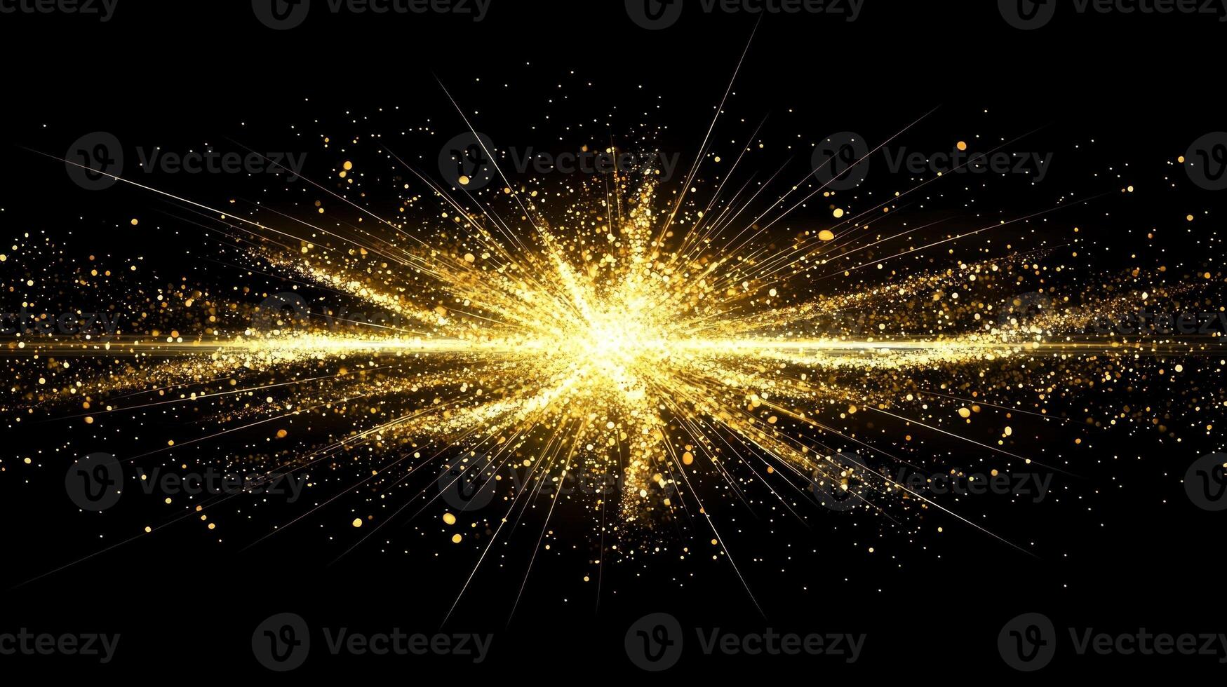 Golden particles radiate outward, creating a mesmerizing explosion against a black backdrop. This cosmic display shimmers intensely, evoking a sense of wonder and brilliance. photo