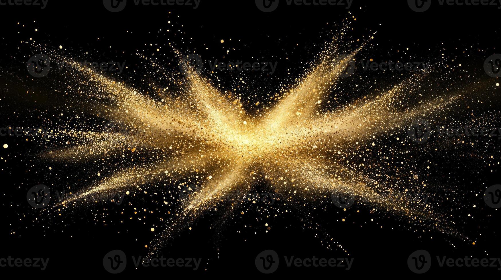 Golden particles explode outward in a dazzling display on a black background, shimmering vibrantly and evoking a sense of cosmic wonder and intensity. photo