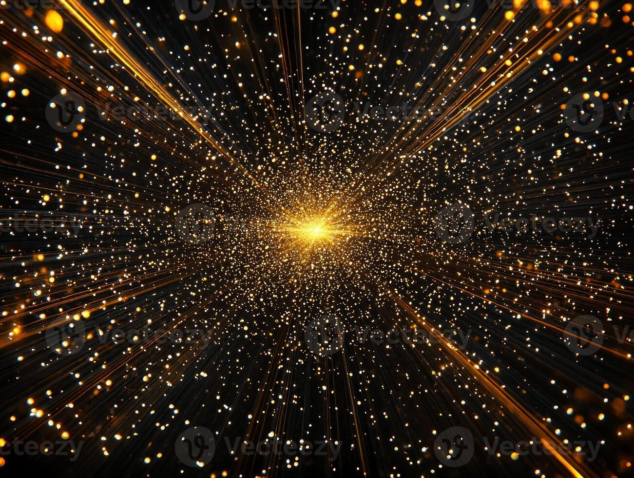 Golden dots and particles swirl outward from a central point, creating a mesmerizing effect of movement and energy against a dark canvas, evoking a sense of dynamic beauty. photo