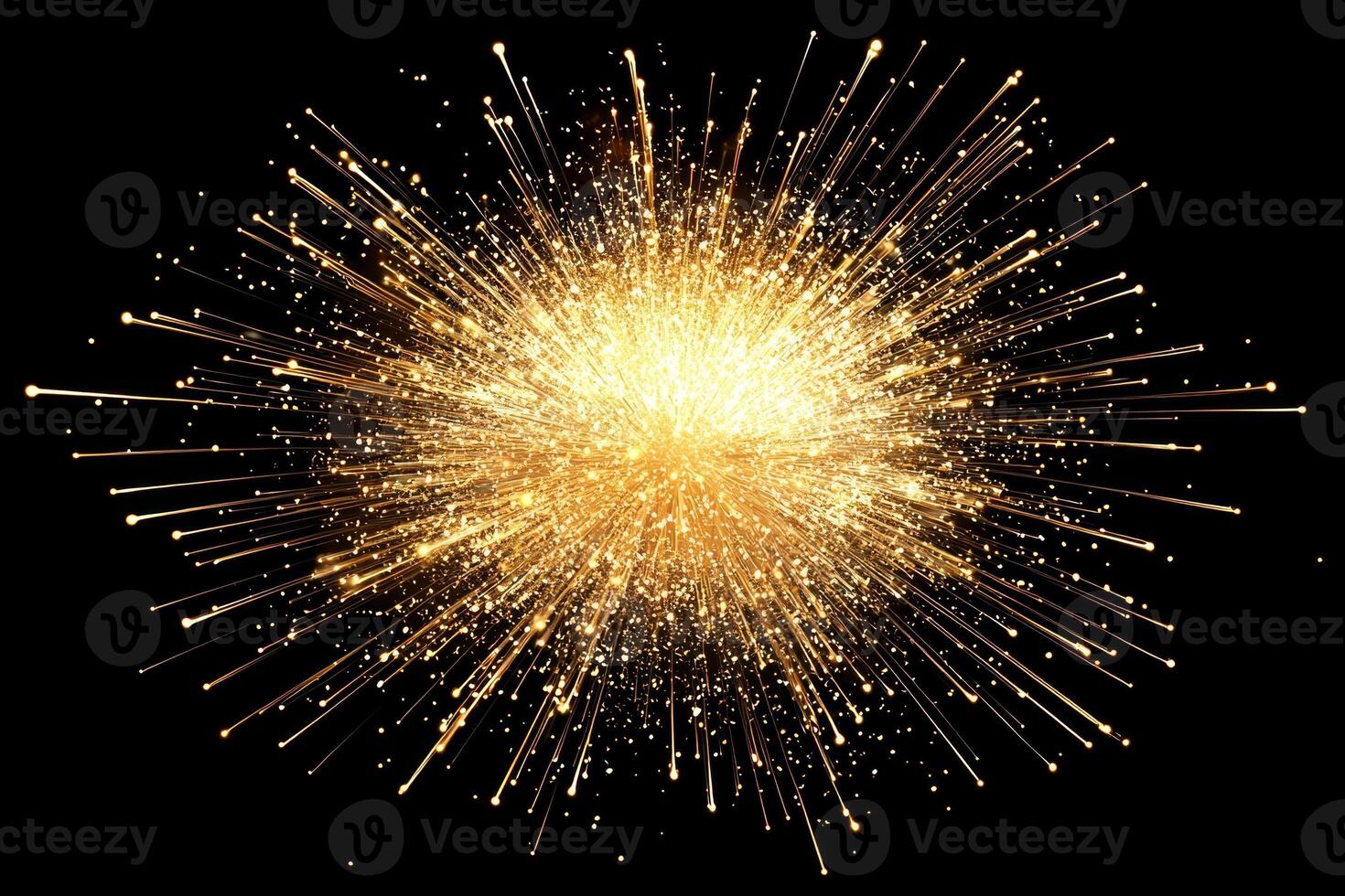 Golden particles burst forth in a dazzling display, scattering and glowing brilliantly against the dark background, depicting a high-energy explosion of light and motion. photo