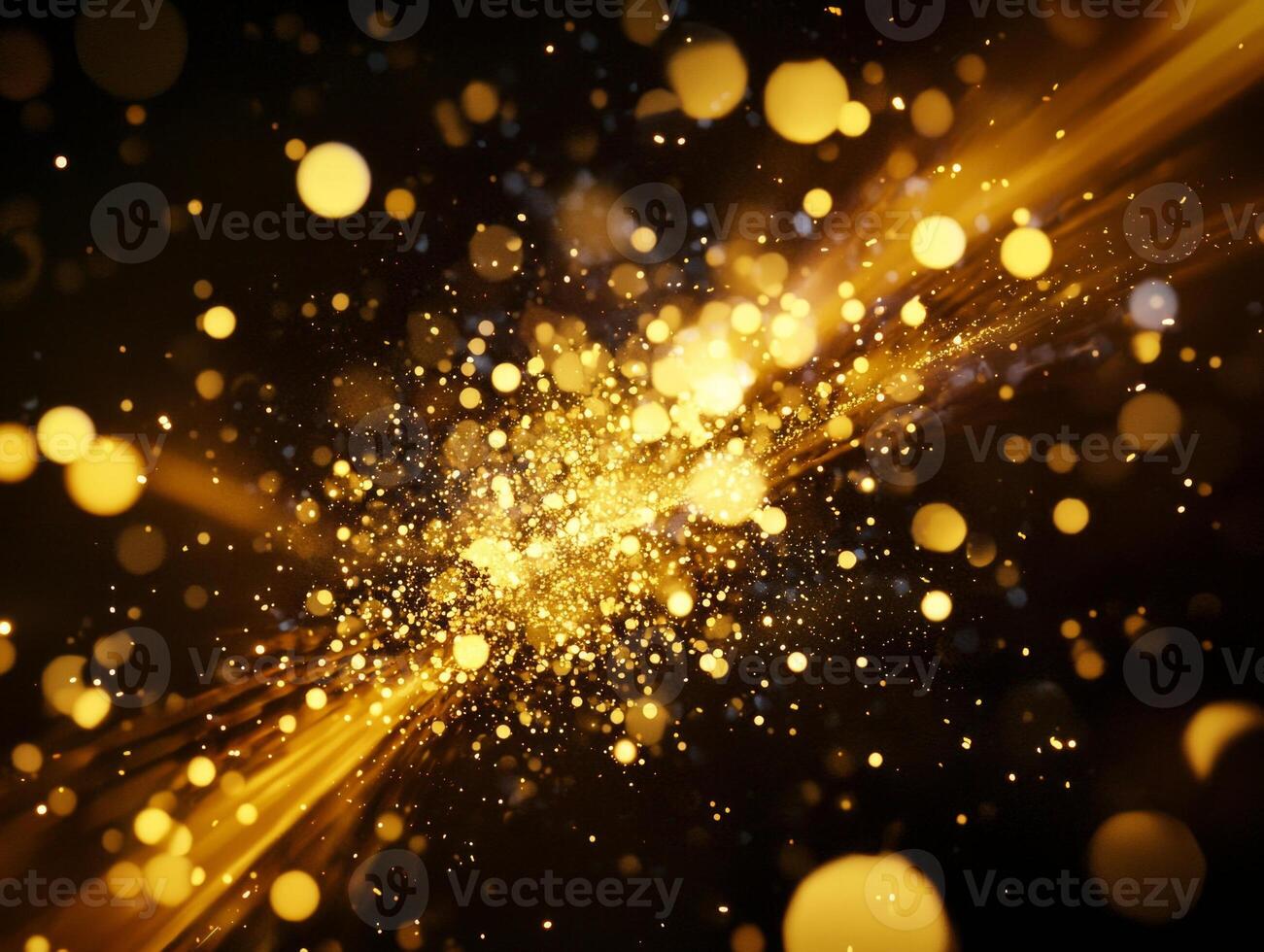 captivating display of golden dots and particles explodes from the center, creating a stunning, dynamic effect against the dark backdrop. This artwork exudes energy and vibrancy. photo