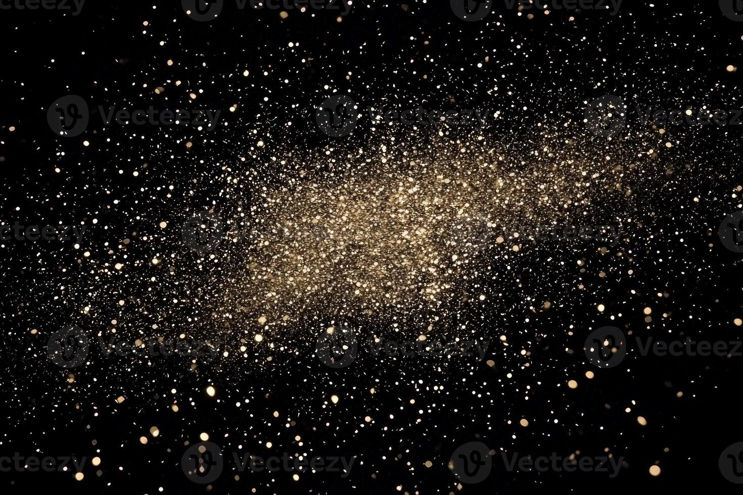 Golden particles burst outward with intense brightness, scattering in various directions against a deep black background, creating a stunning display of energy. photo