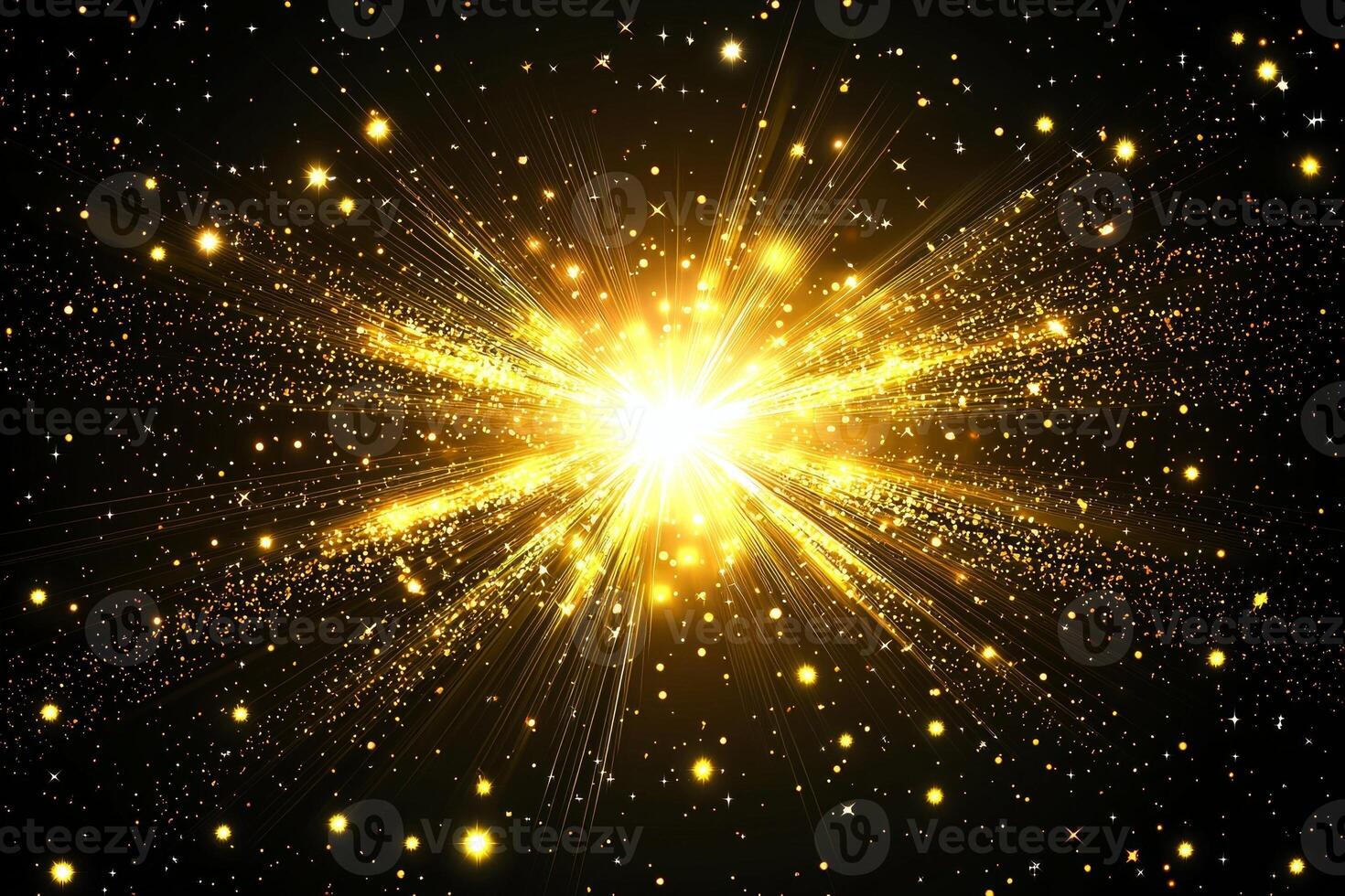Golden particles burst from the center, scattering in every direction, creating a dazzling display of light and energy against the deep black background. photo