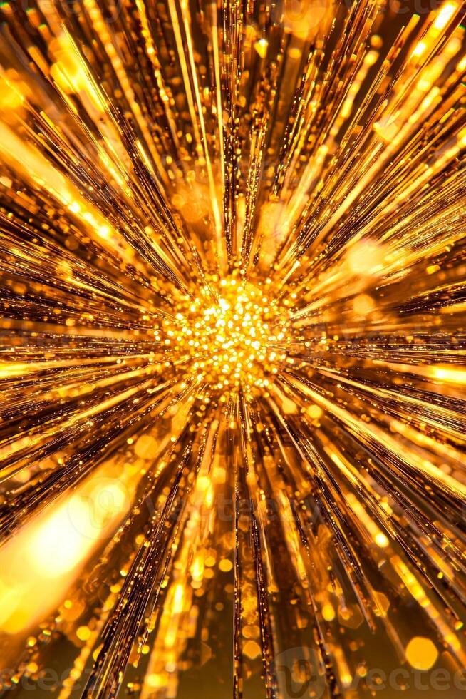 vibrant explosion of golden particles erupts from the center, scattering in all directions with shimmering brilliance. The glowing edges create a striking, energetic atmosphere. photo