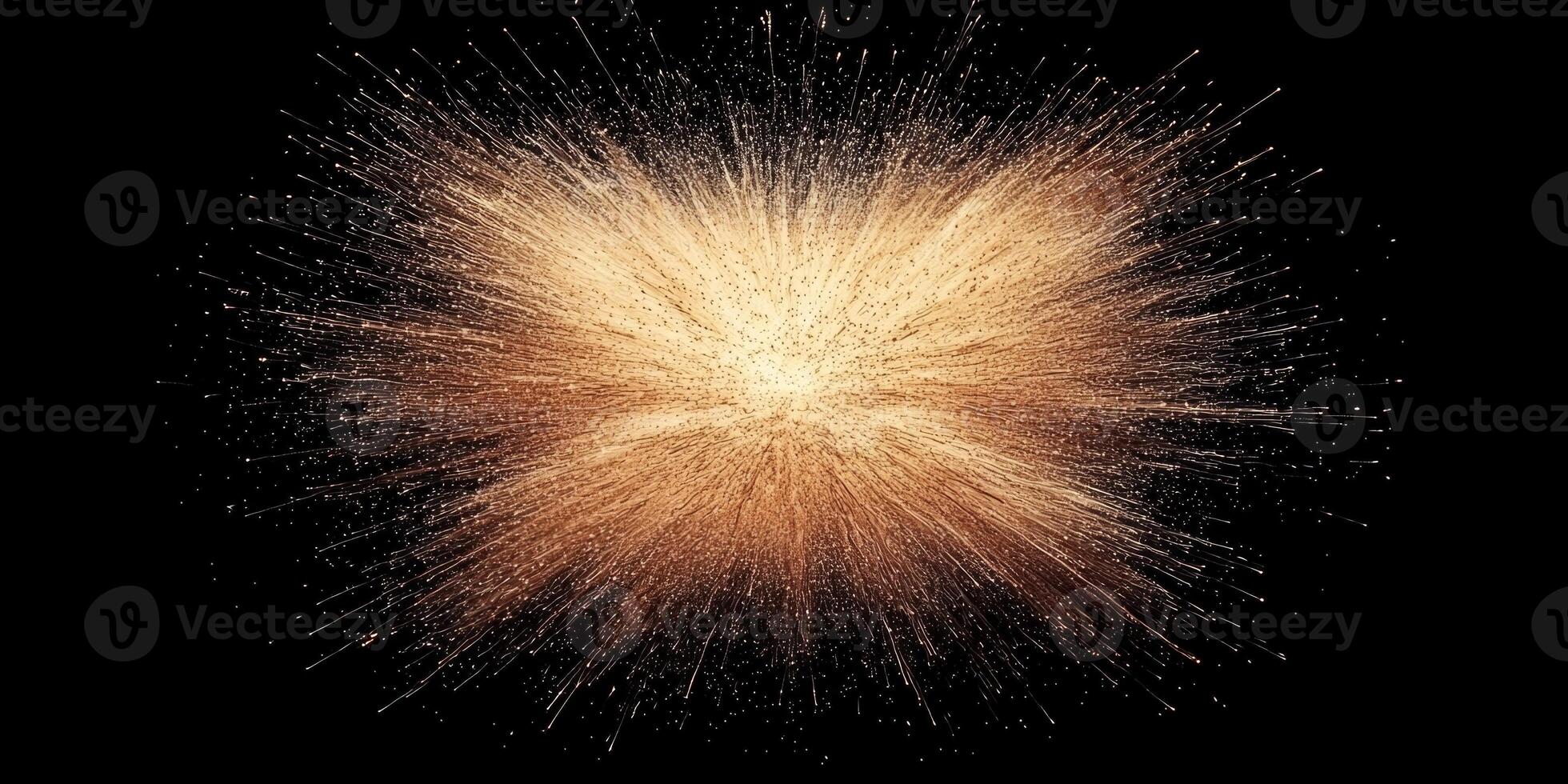 Golden particles explode outward in a captivating display against a black background, creating an energetic and radiant burst resembling a cosmic event. photo
