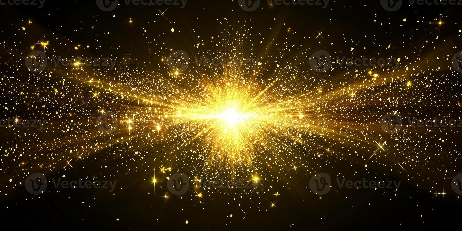 stunning explosion of golden particles creates a spherical burst, with a bright center dispersing fine dust into the darkness, resembling a cosmic event full of energy. photo