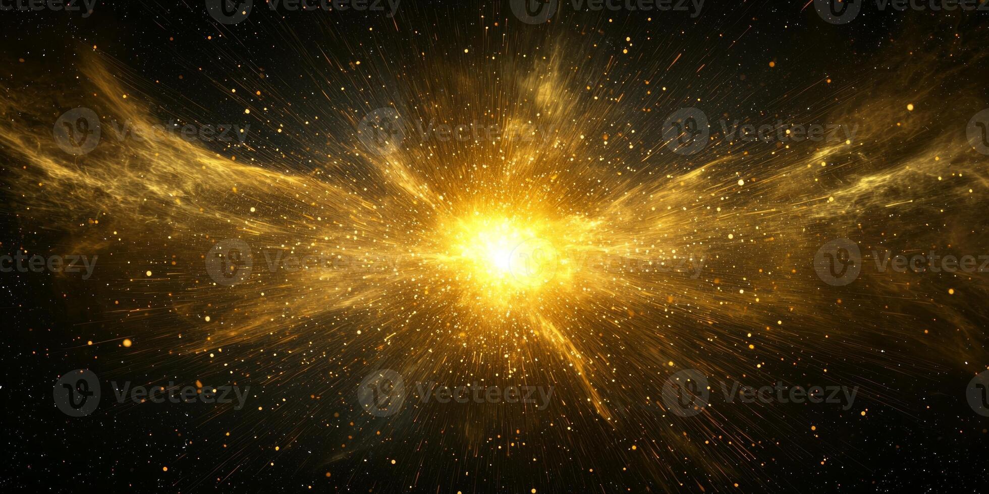 vibrant explosion of golden particles fills the darkness, creating a mesmerizing sphere. The radiant center glows intensely while particles disperse into fine dust, embodying cosmic beauty. photo