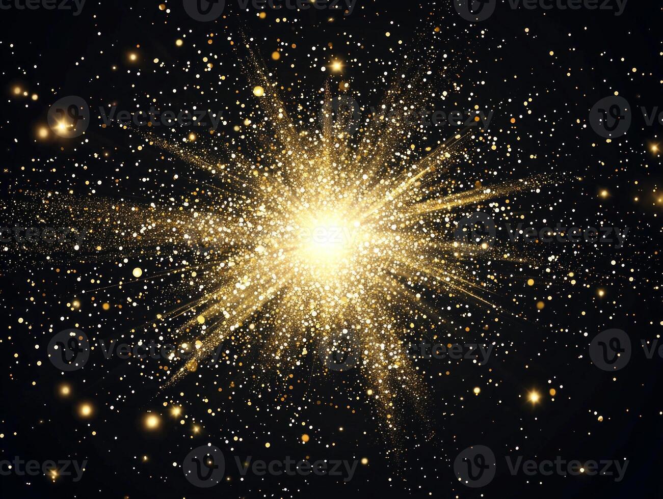 stunning eruption of golden particles forms a brilliant sphere of light, radiating energy and dispersing dazzling fragments across a dark cosmic backdrop. photo