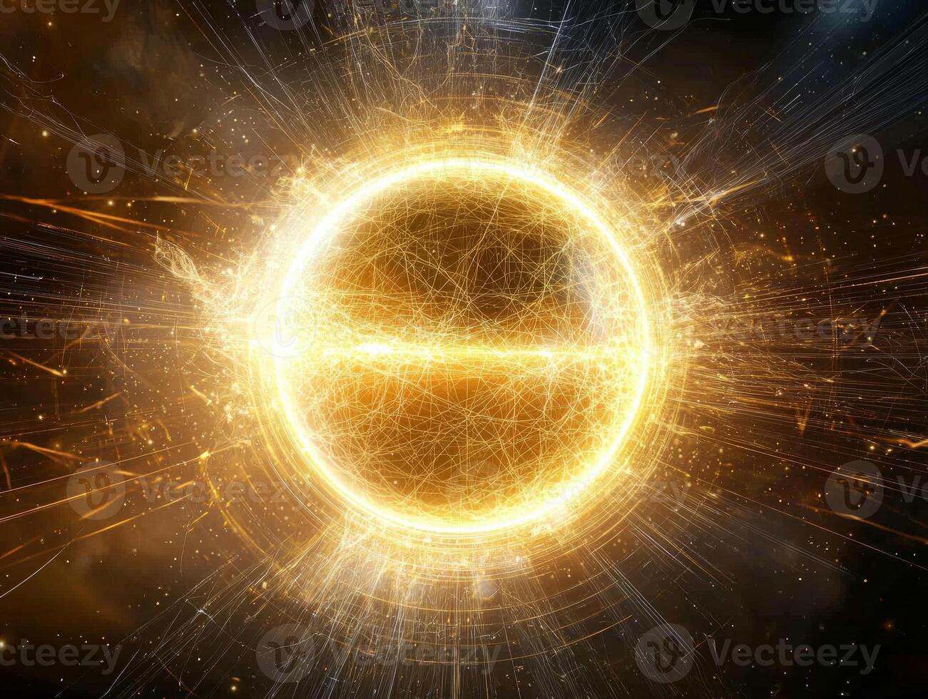 mesmerizing explosion of gold particles creates a luminous sphere, radiating energy as the particles disperse into the void, capturing cosmic wonder. photo