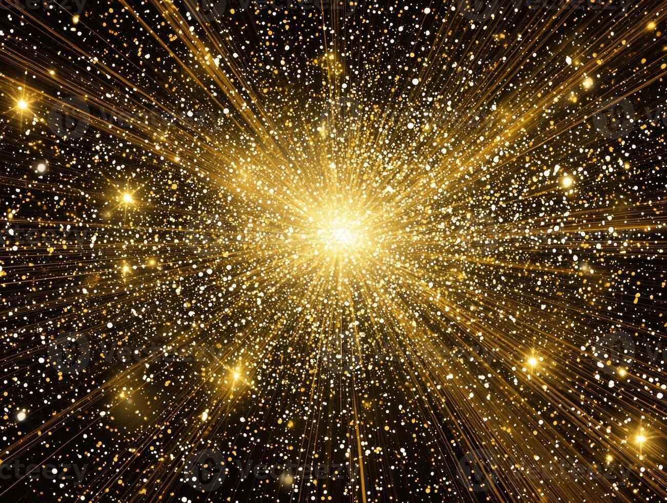 Golden particles burst forth in a mesmerizing explosion, forming a glowing sphere of light that radiates cosmic energy, creating a stunning spectacle in the darkness. photo