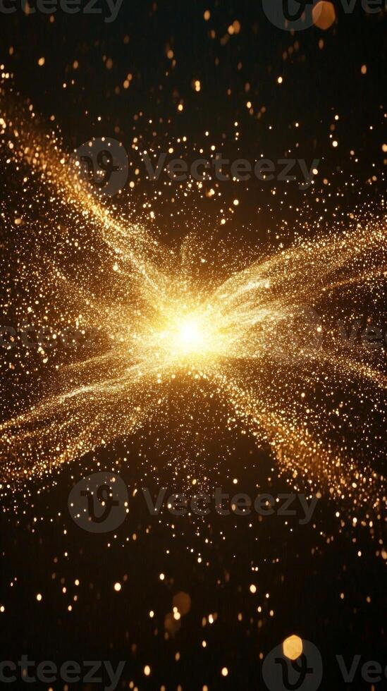 Witness a dazzling explosion of golden particles, with a brilliant core sending waves of shimmering light into the dark, cosmic expanse, embodying energy and motion. photo