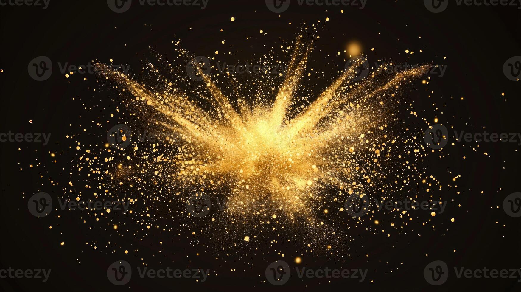 mesmerizing eruption of golden particles radiates from a bright center, dispersing in a wave of energy against a dark backdrop, evoking a cosmic wonder. photo