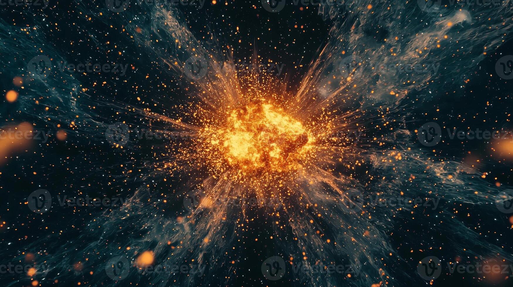 Golden particles erupt dramatically from a glowing center, dispersing in waves of energy that illuminate the surrounding darkness with a cosmic brilliance. photo