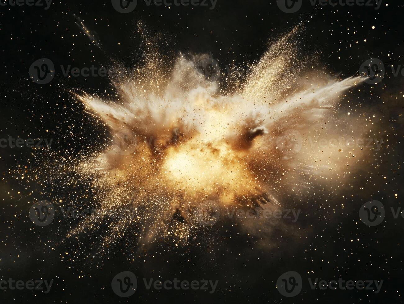 intense explosion of gold particles erupts outward, leaving glowing trails that radiate heat and energy in a striking cosmic display against a black background. photo