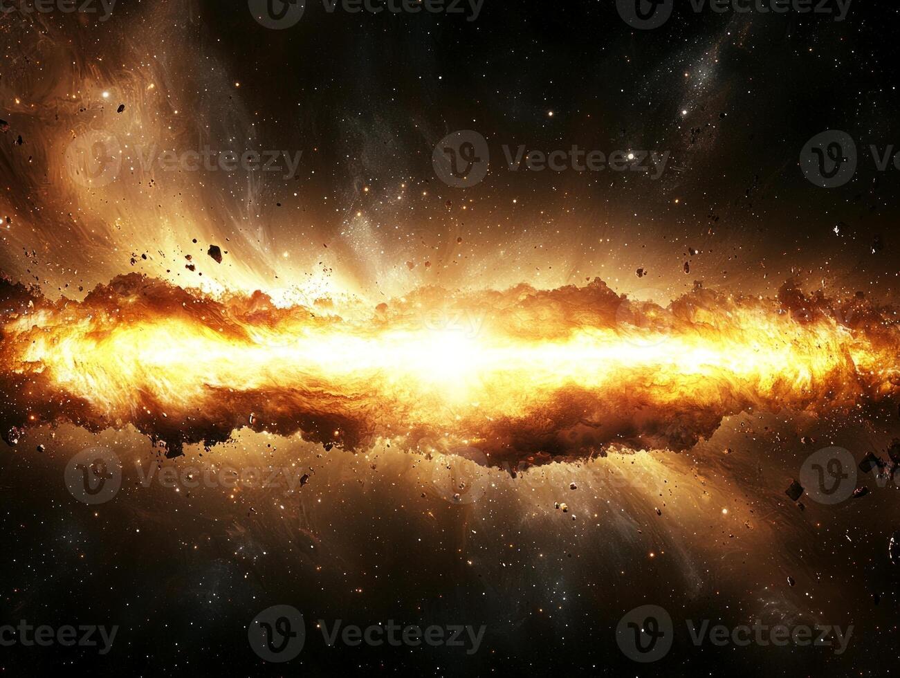 intense golden blast erupts in a cosmic landscape, sending particles outward with glowing trails, creating a mesmerizing spectacle of heat and energy against the black backdrop of space. photo