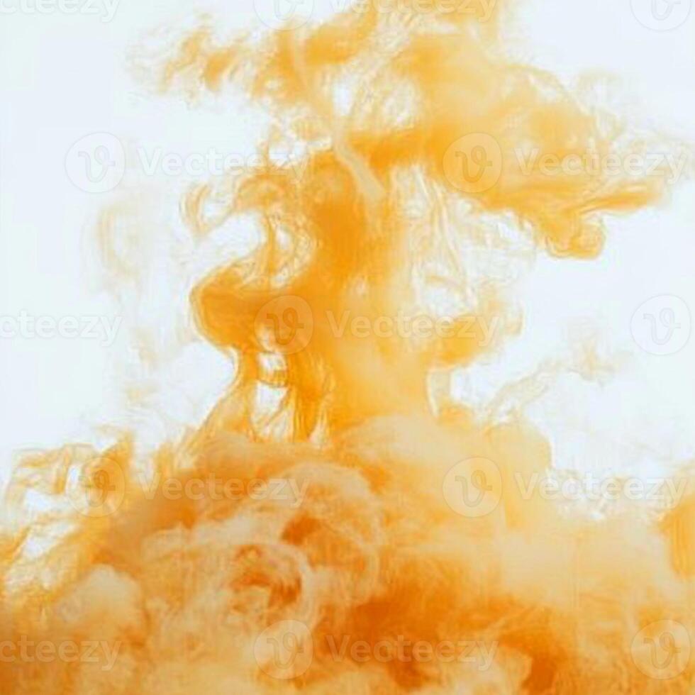Delicate yellow smoke gracefully ascends, swirling and fading into the air on a pristine white backdrop. The scene captures a mesmerizing dance of vibrant hues and ethereal forms. photo