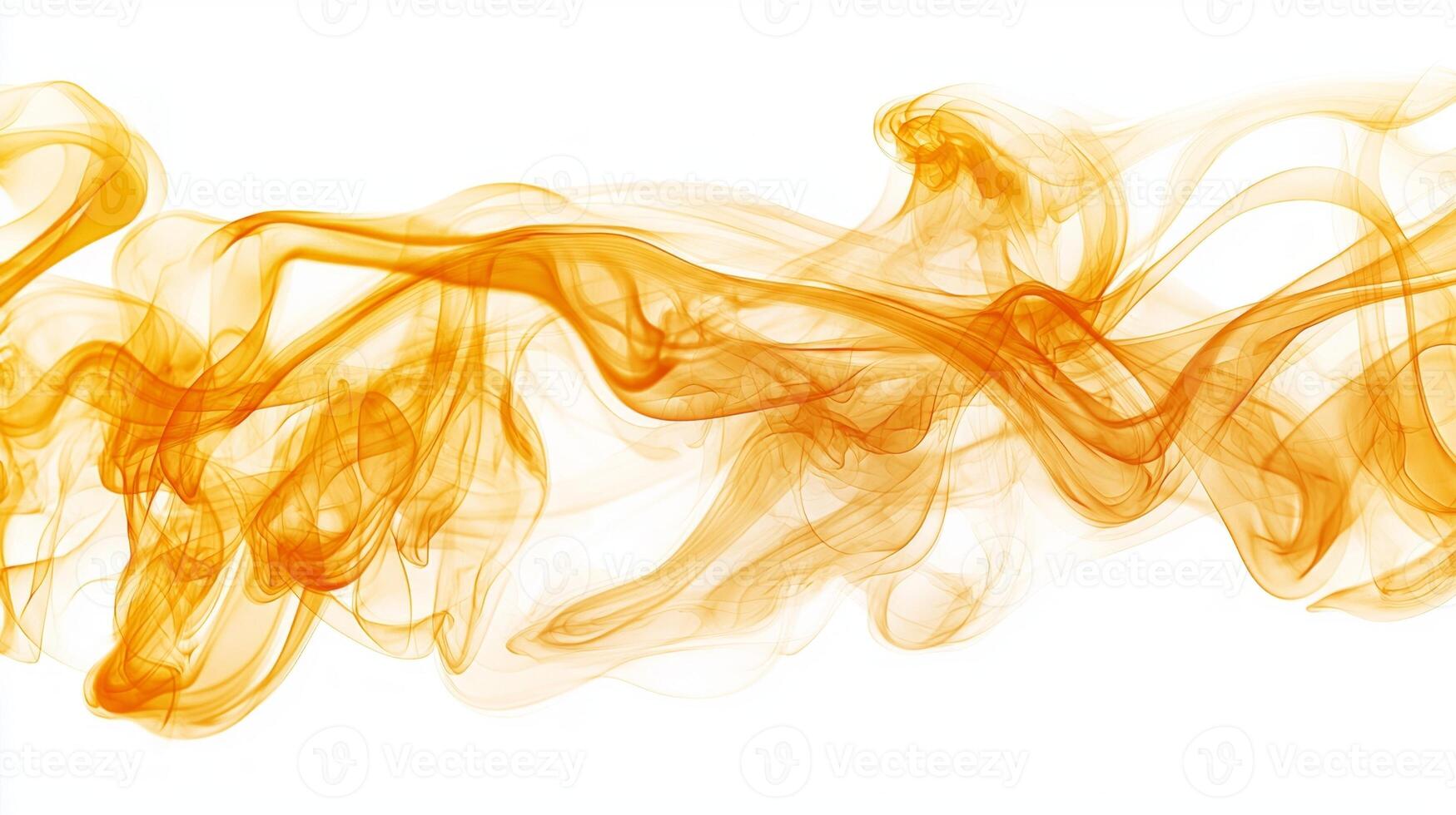 Delicate yellow smoke tendrils rise and swirl in the air, merging rich golden hues with a bright white background. The ethereal display captivates the eye with its movement and texture. photo