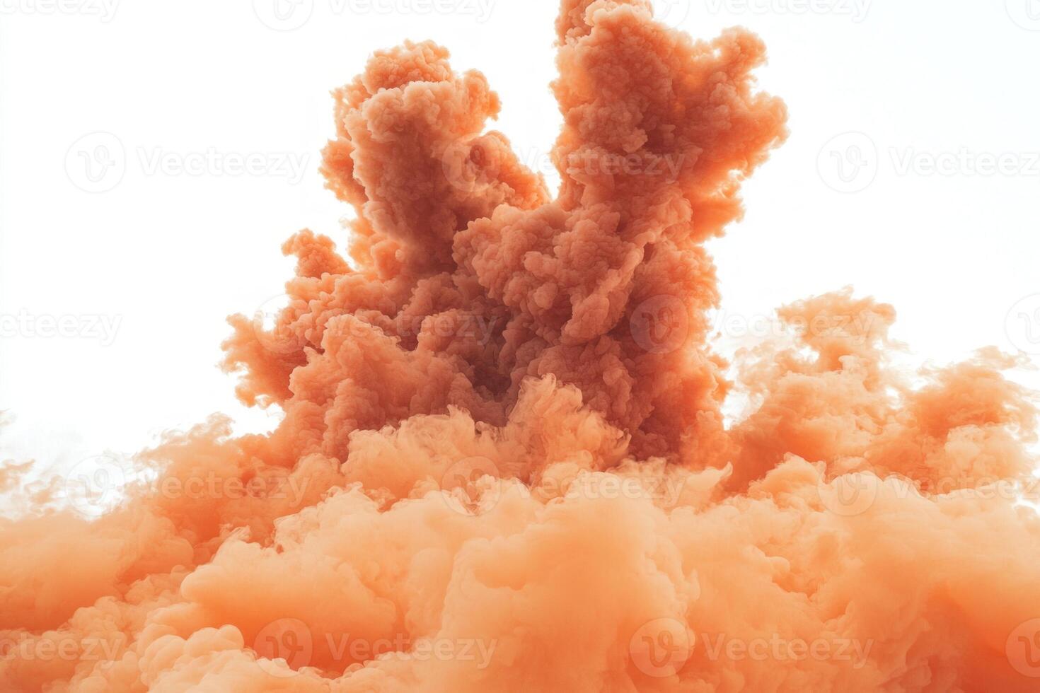 Thick orange smoke billows upward, creating a mesmerizing display against a bright white backdrop. The vibrant hues blend and expand, producing a dramatic and captivating effect. photo