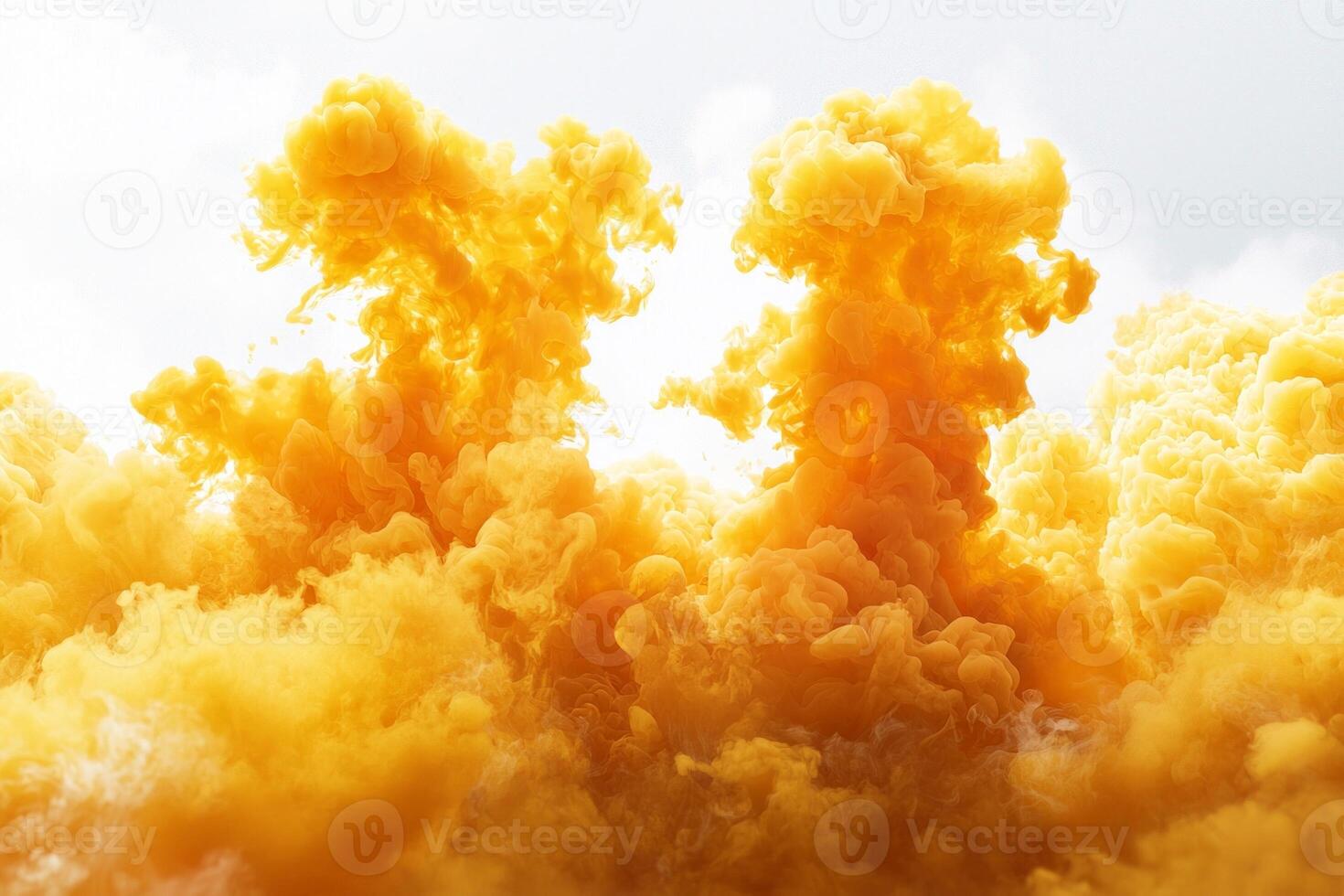 Thick yellow smoke rises dramatically, swirling and merging with varying opacities, creating a captivating and lively atmosphere against a white backdrop. photo