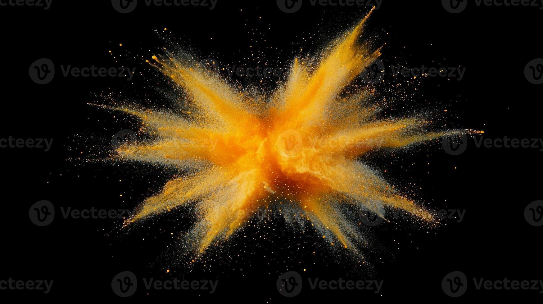 A radiant display of yellow particles expands energetically in all directions, creating a stunning visual reminiscent of a cosmic explosion in the depths of space. photo