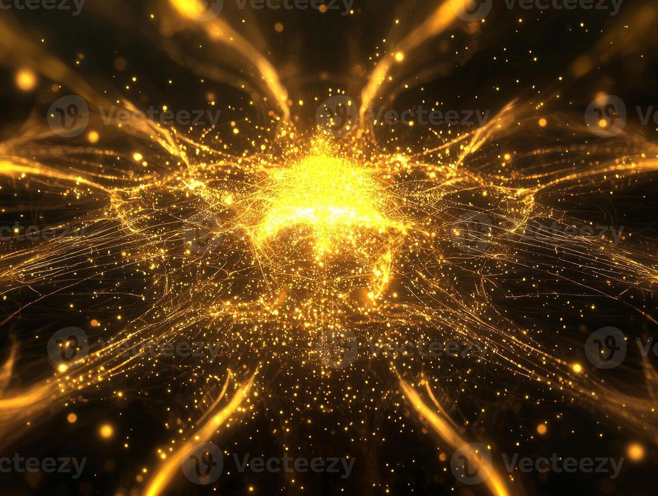 A vibrant explosion of yellow particles bursts forth, forming a dazzling sphere of energy that scatters particles outward in a cosmic display, illuminating the dark background with brilliance. photo