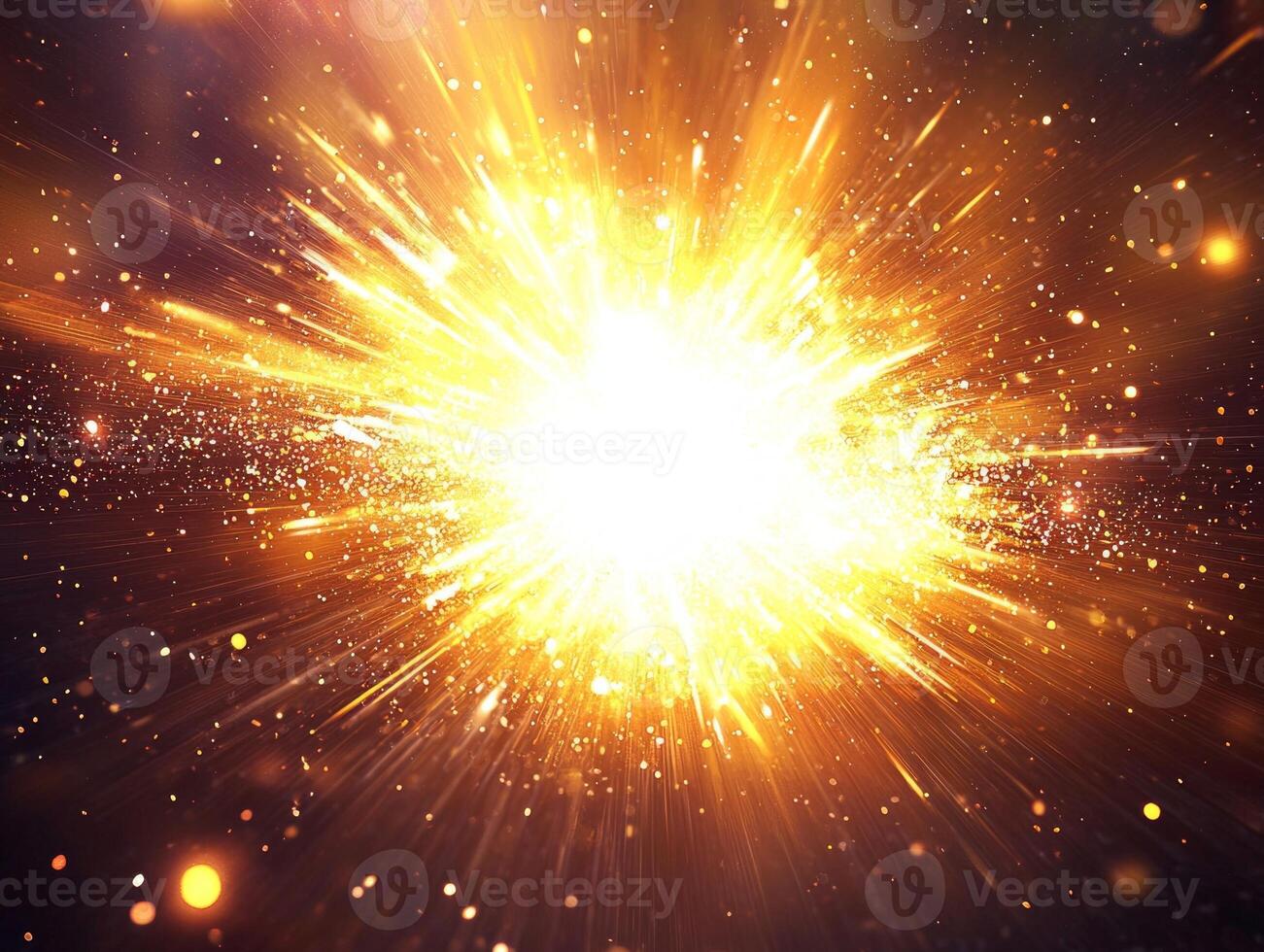 An explosion of vibrant yellow particles transforms into a luminous sphere, scattering particles dynamically into the dark void, creating a mesmerizing cosmic spectacle. photo