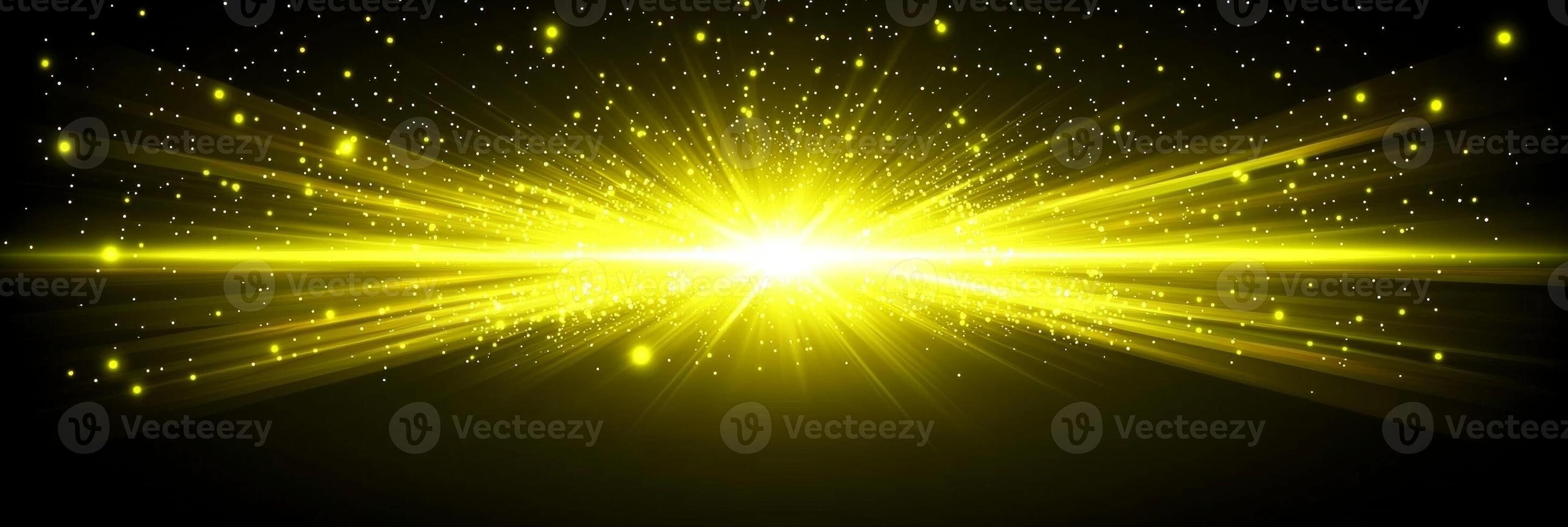 A mesmerizing explosion of yellow particles radiates energy, scattering outward in a dazzling wave of light. This cosmic burst creates an enchanting spectacle against a black background. photo